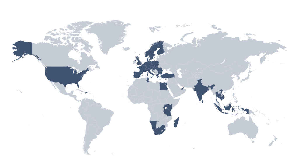 Weltkarte mit eingefärbten Ländern, in denen die DERTOUR Group vertreten ist